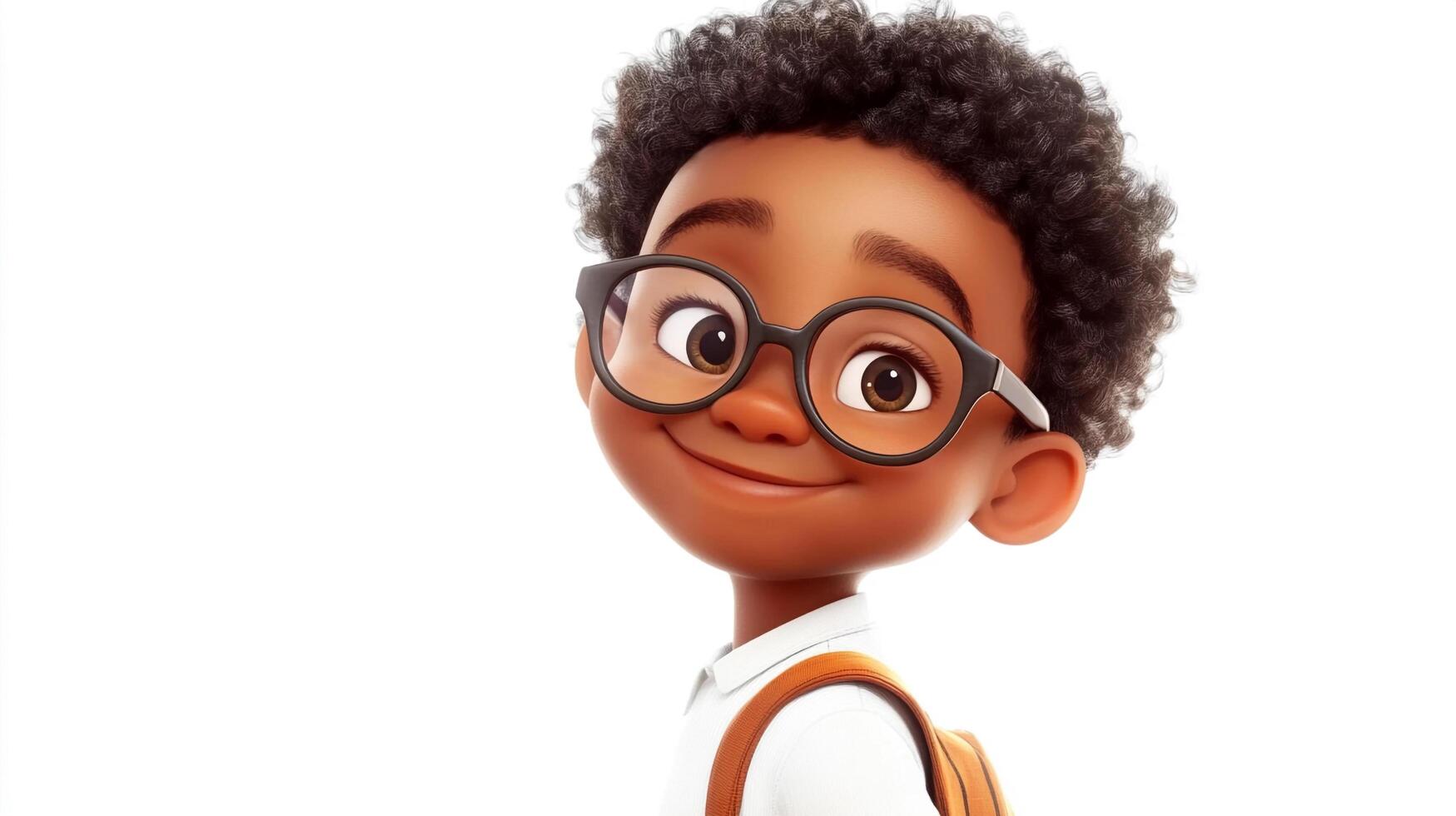 Young boy cartoon with a big smile, wearing glasses and a backpack, ready for school and learning with happiness. Back to school photo
