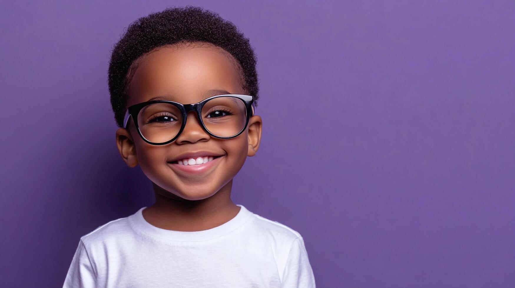 Smiling young boy with glasses. He's looking directly at the camera with a big smile. The background is a solid purple color. photo