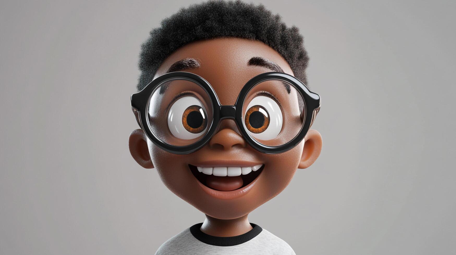 Cartoon style portrait of a young boy with glasses smiling broadly, showing his teeth against a plain grey background. photo