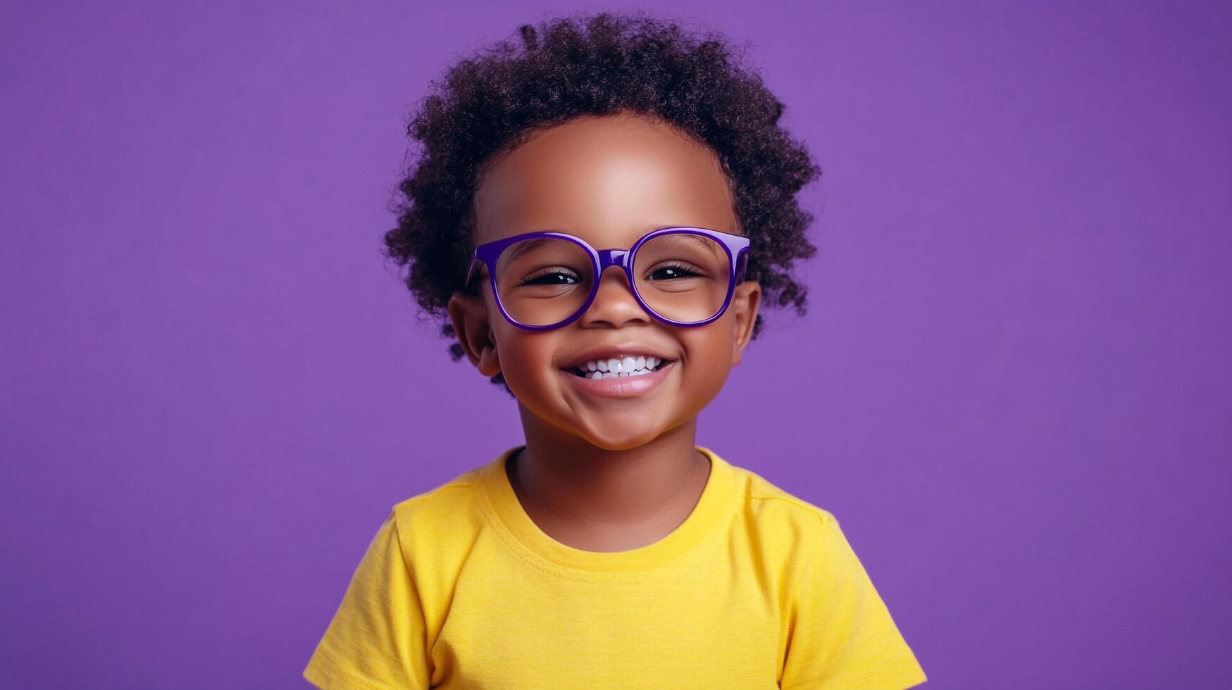 Cheerful young child smiling with glasses on a purple background, displaying innocence, playfulness, and youthful joy. photo