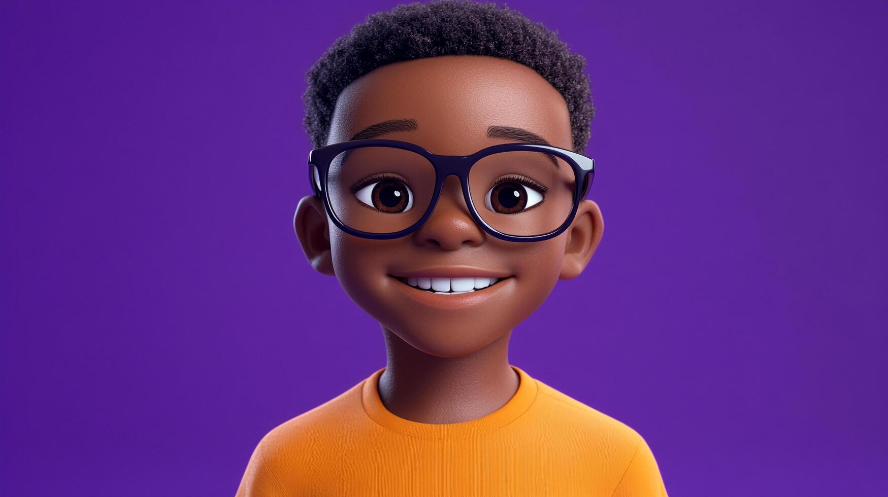 3D cartoon rendering of a boy with an orange shirt and glasses, smiling against a purple background, youthful exuberance. Positive imagery. photo