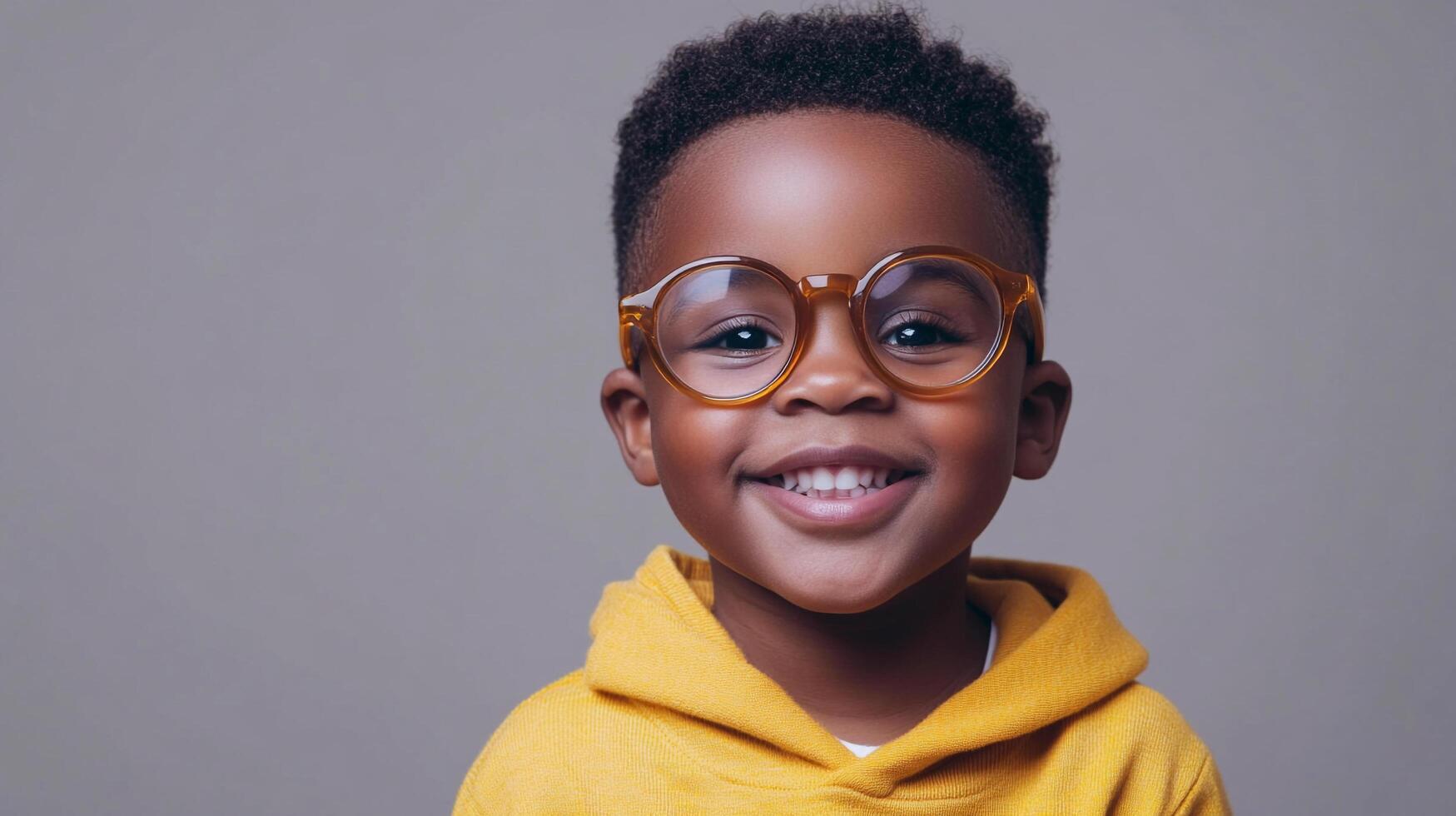 Smiling young boy wearing glasses and a yellow hoodie, radiating joy. He is facing the camera with a cute smile and bright eyes. photo