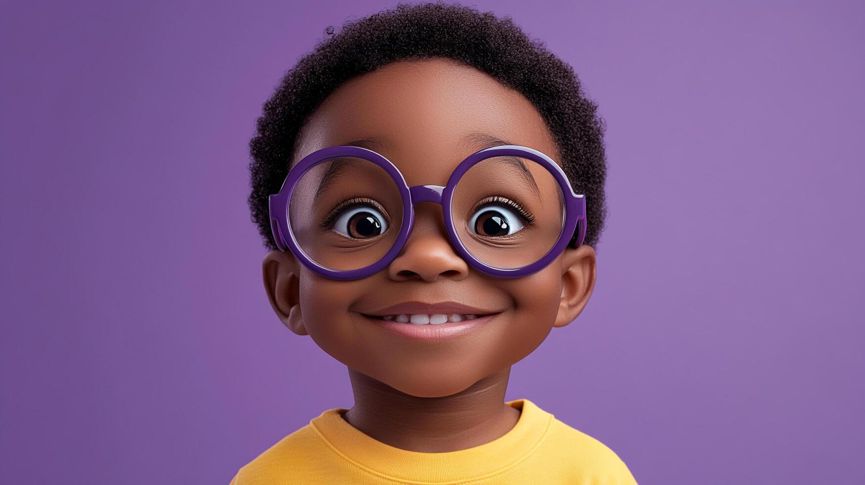 Young boy with purple framed glasses looking forward with a big smile on a purple background, wearing a bright yellow shirt. photo