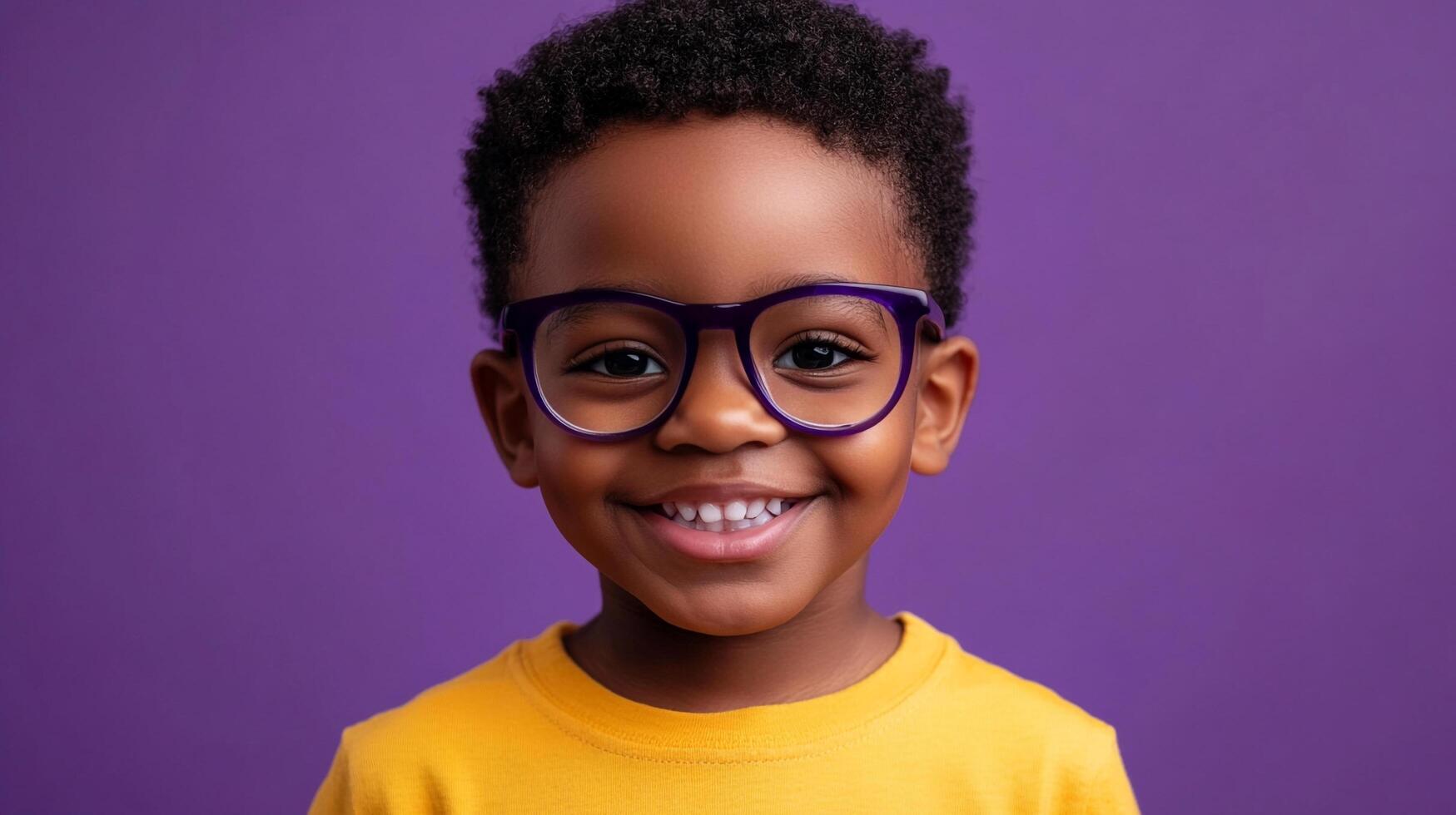 Adorable young boy wearing stylish glasses. His big smile and the purple background create a cheerful, inviting portrait. photo