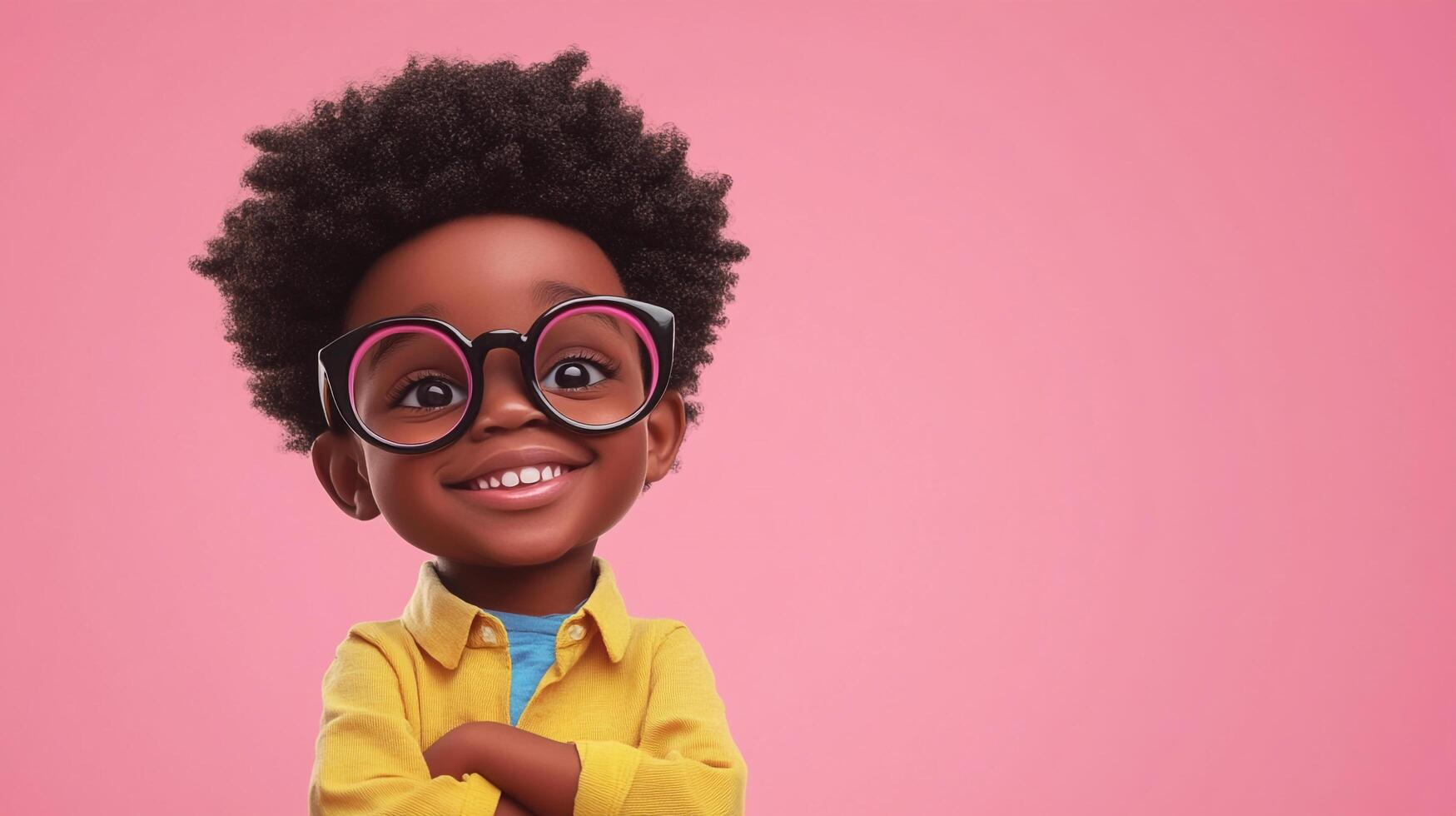 Smiling young child with afro and glasses, exuding joy and confidence. Cartoon style against pink backdrop. photo