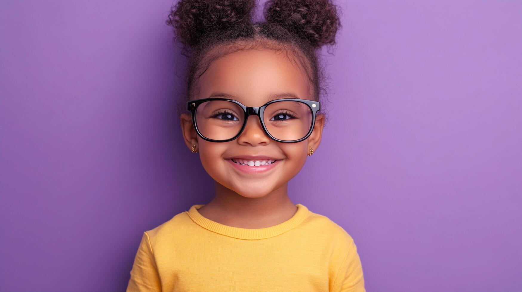 Smiling young girl with black glasses and curly hair tied up in buns, wearing a yellow shirt against a solid purple background. photo