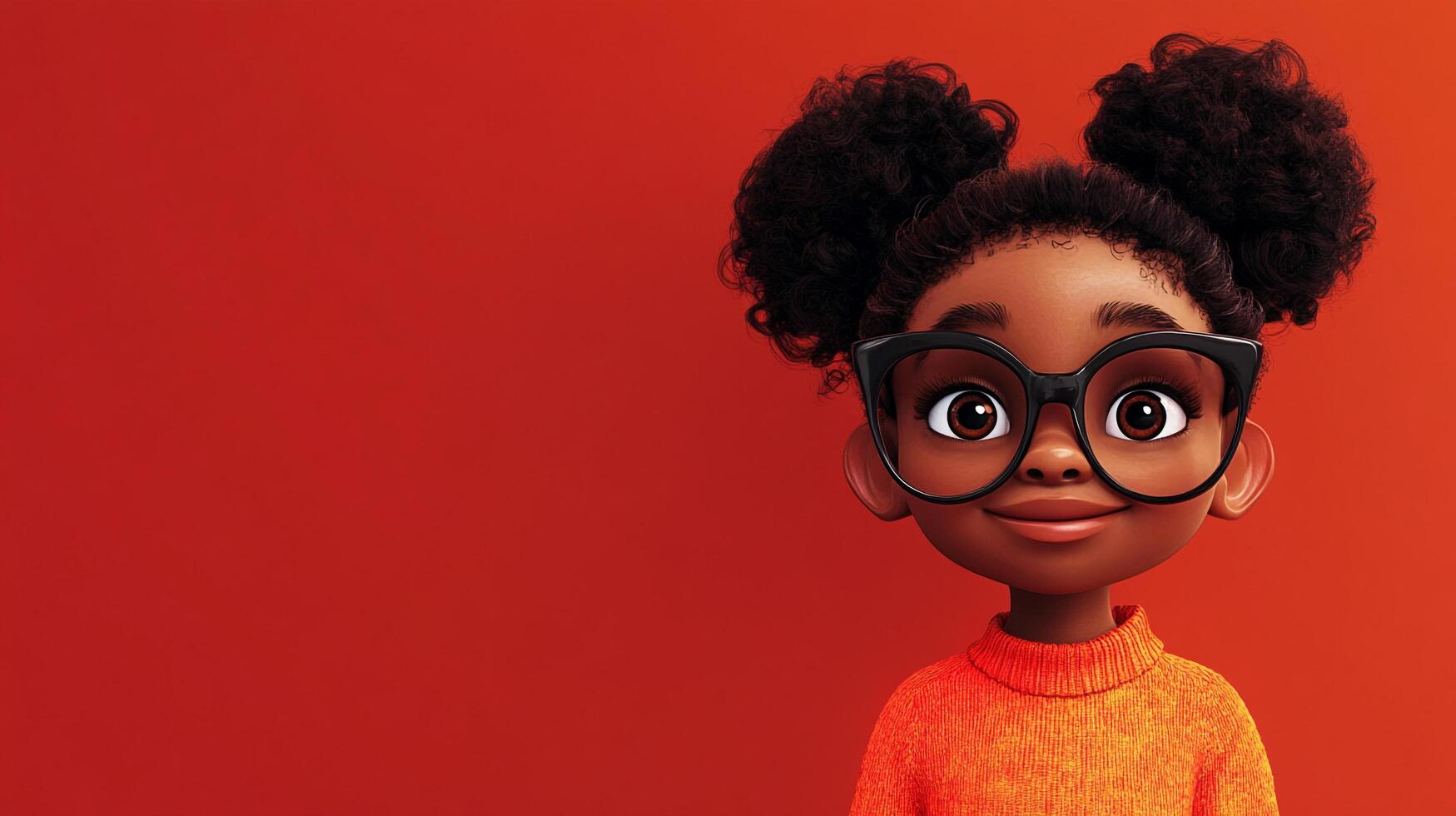 Animated character of a young girl with dark skin wearing glasses, against a solid red background, with curly pigtails hairstyle. photo