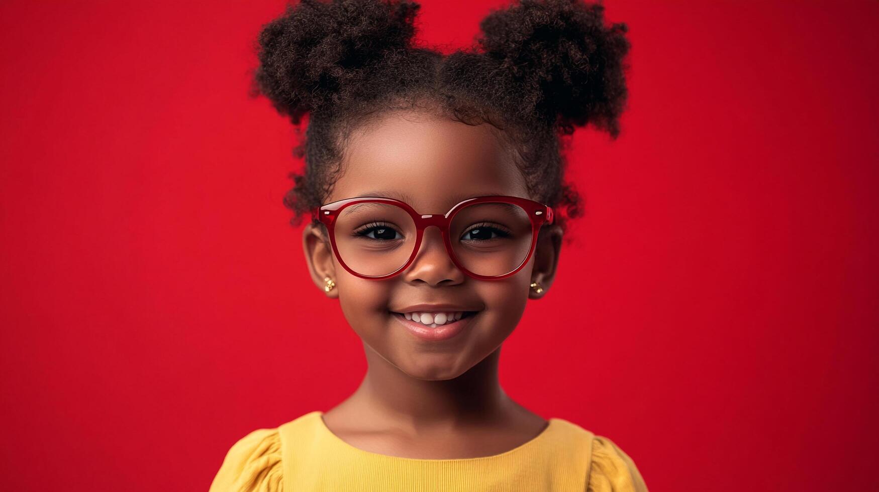 A radiant young girl with bright smile and glasses set against a vibrant red backdrop. Pure joy captured in a timeless portrait. photo