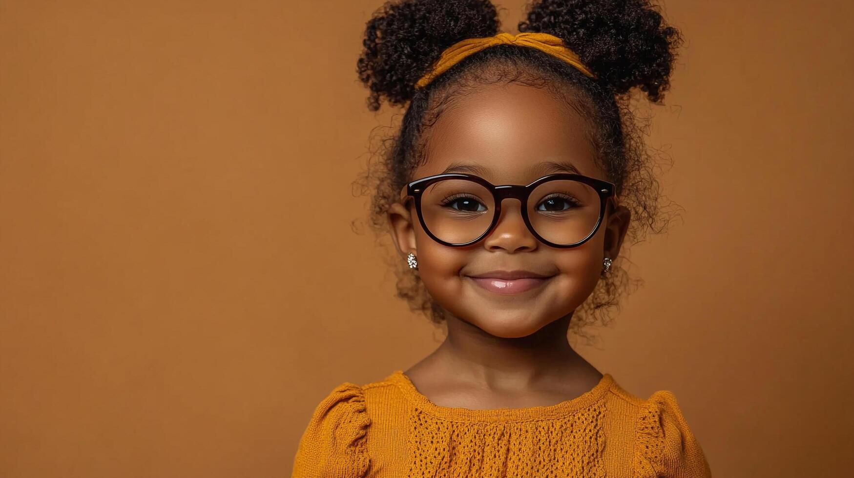 Adorable child with glasses smiles against brown background. Her hair is in space buns with a headband. She has a warm, happy expression. photo