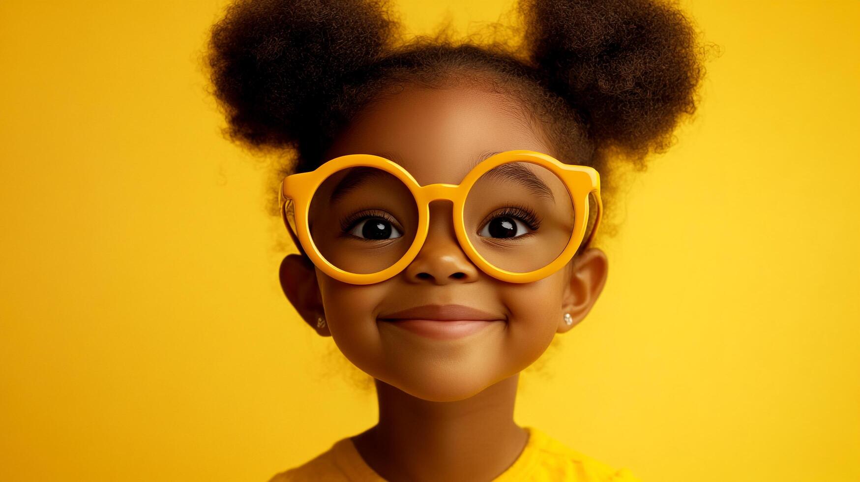 Adorable little girl with afro puffs and large yellow glasses smiling brightly against a vibrant yellow background. Pure innocence and joy. photo