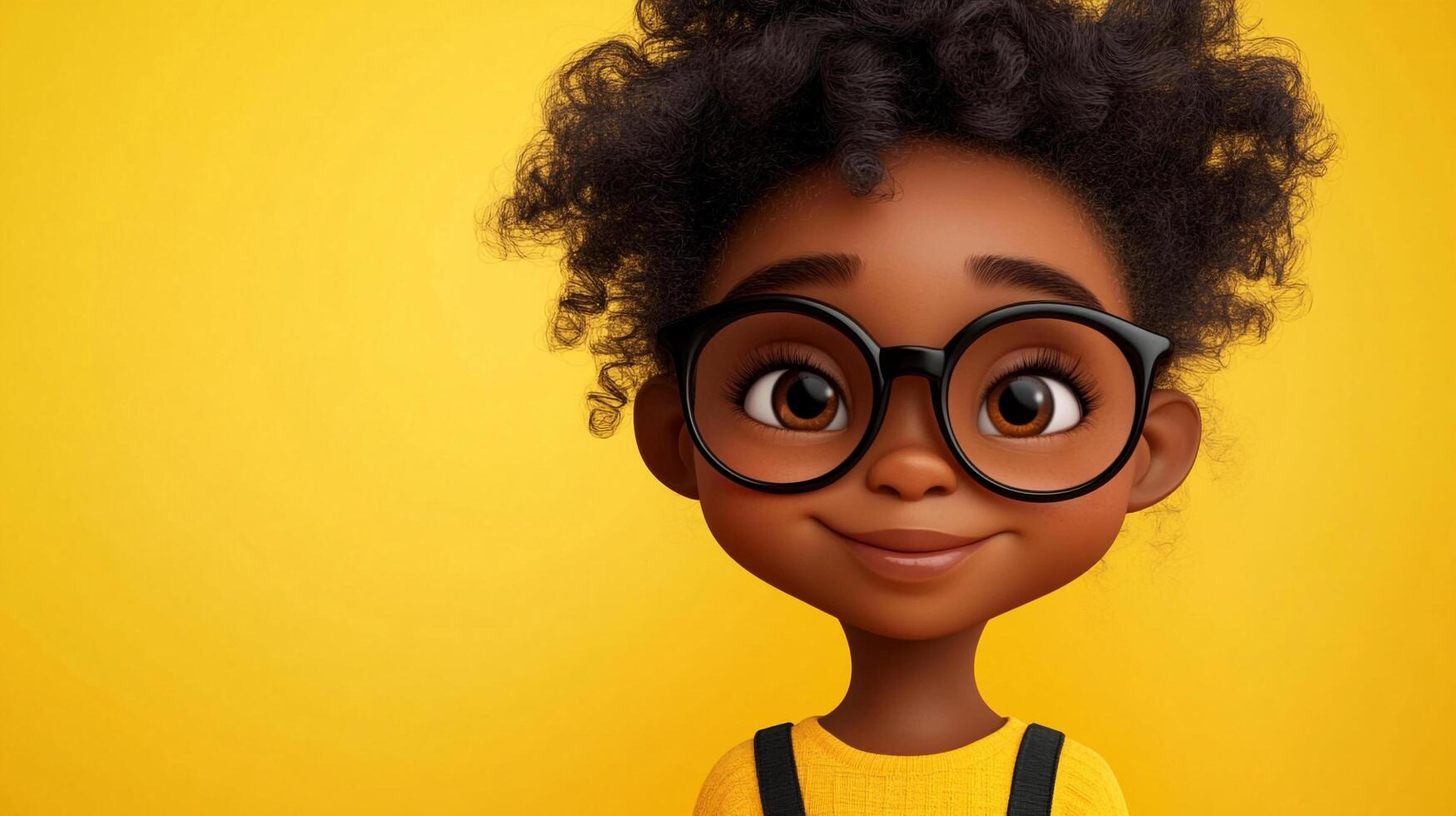 Animated girl with curly hair and glasses smiling against a vibrant yellow backdrop. Cheerful and positive imagery for children. Cute and engaging. photo