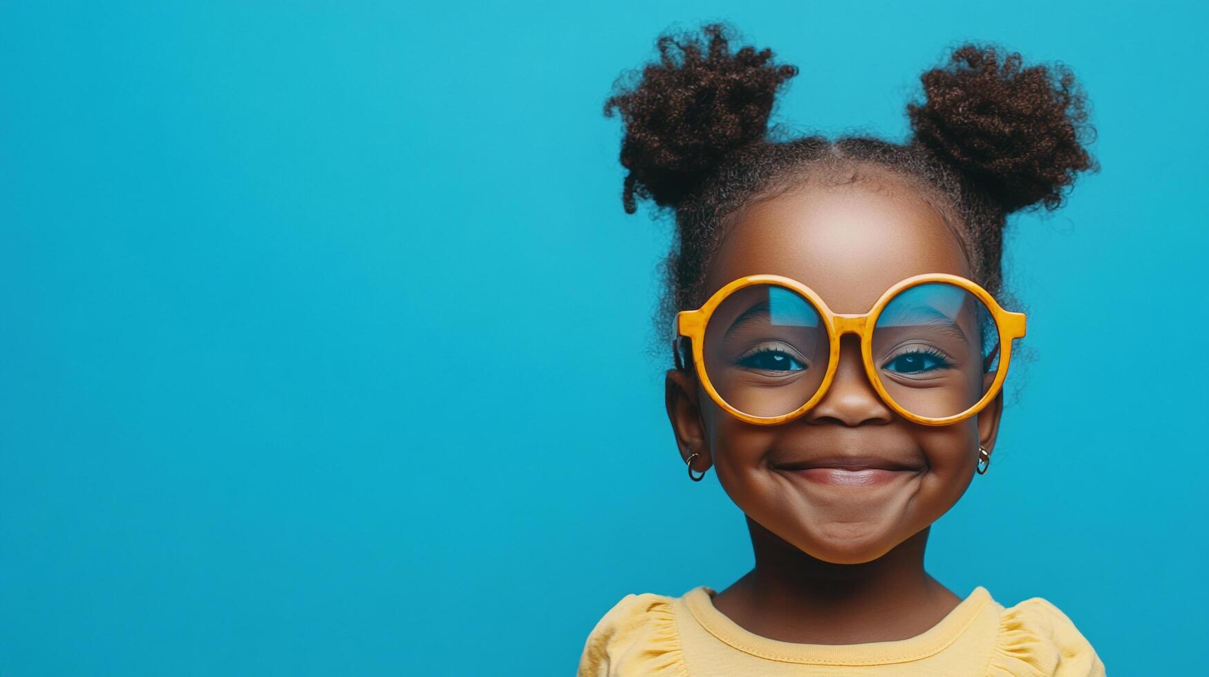 Cute young girl with curly hair styled in space buns. She has yellow glasses and a yellow shirt, standing against a bright blue backdrop. photo