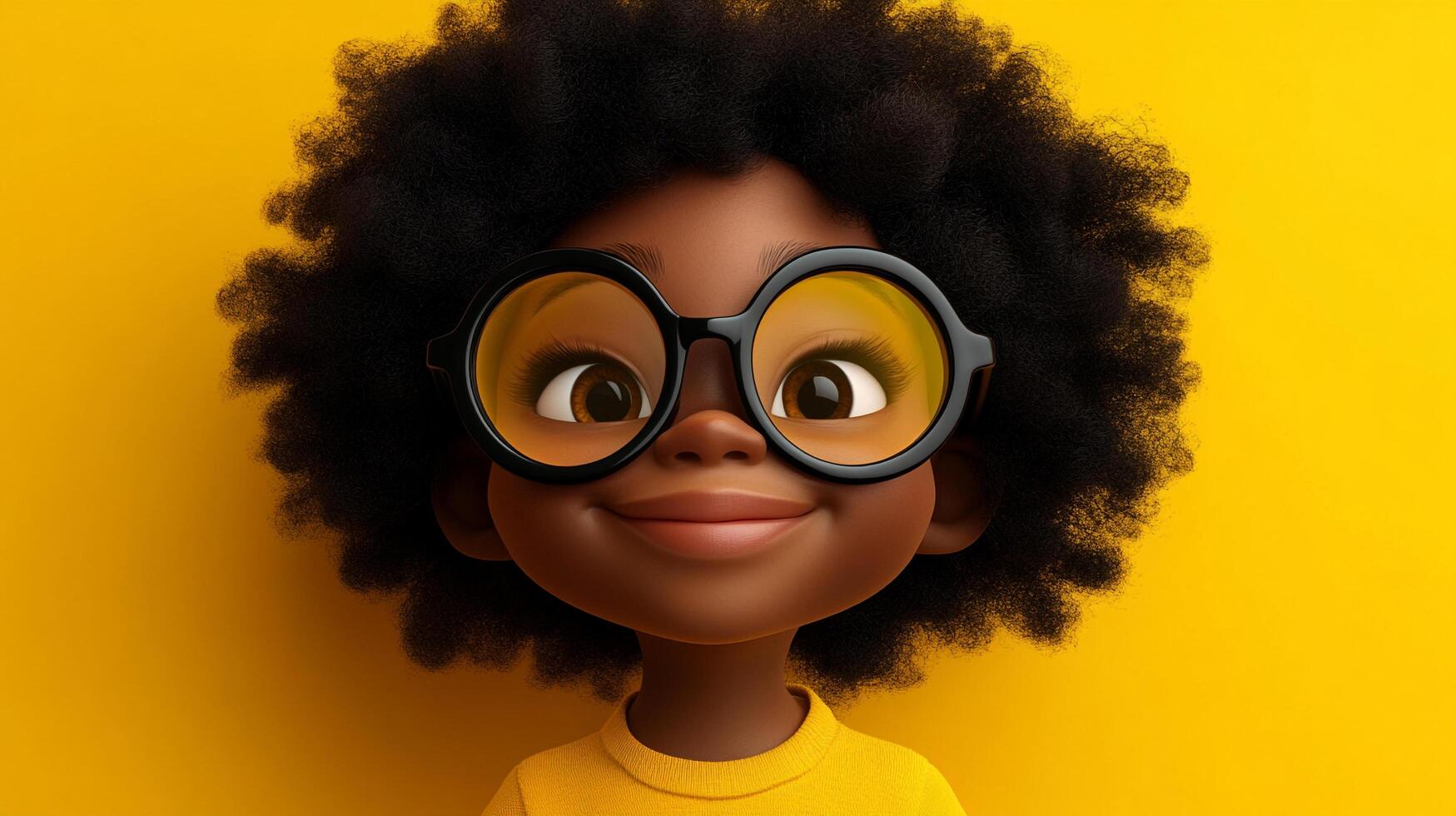Cartoon child with afro and glasses smiling sweetly against a yellow background in a cheerful and bright portrait style. photo