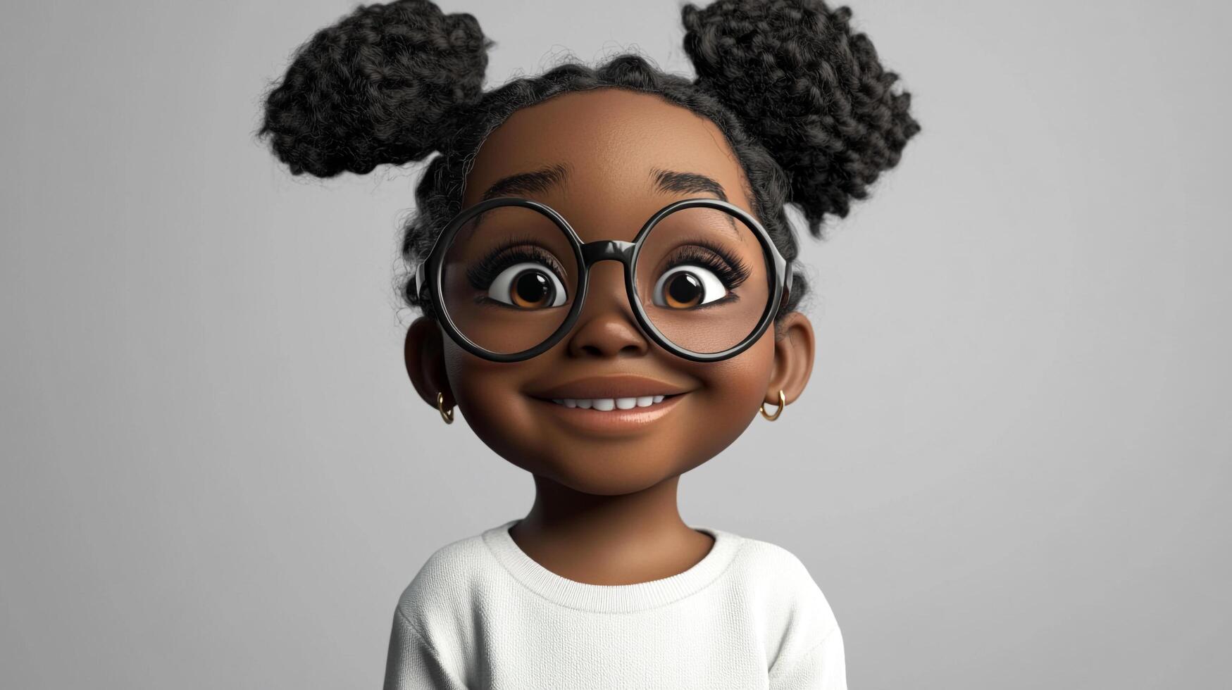 Cartoon girl with braided pigtails and glasses smiling at the camera on a plain background, radiating joy and friendliness photo
