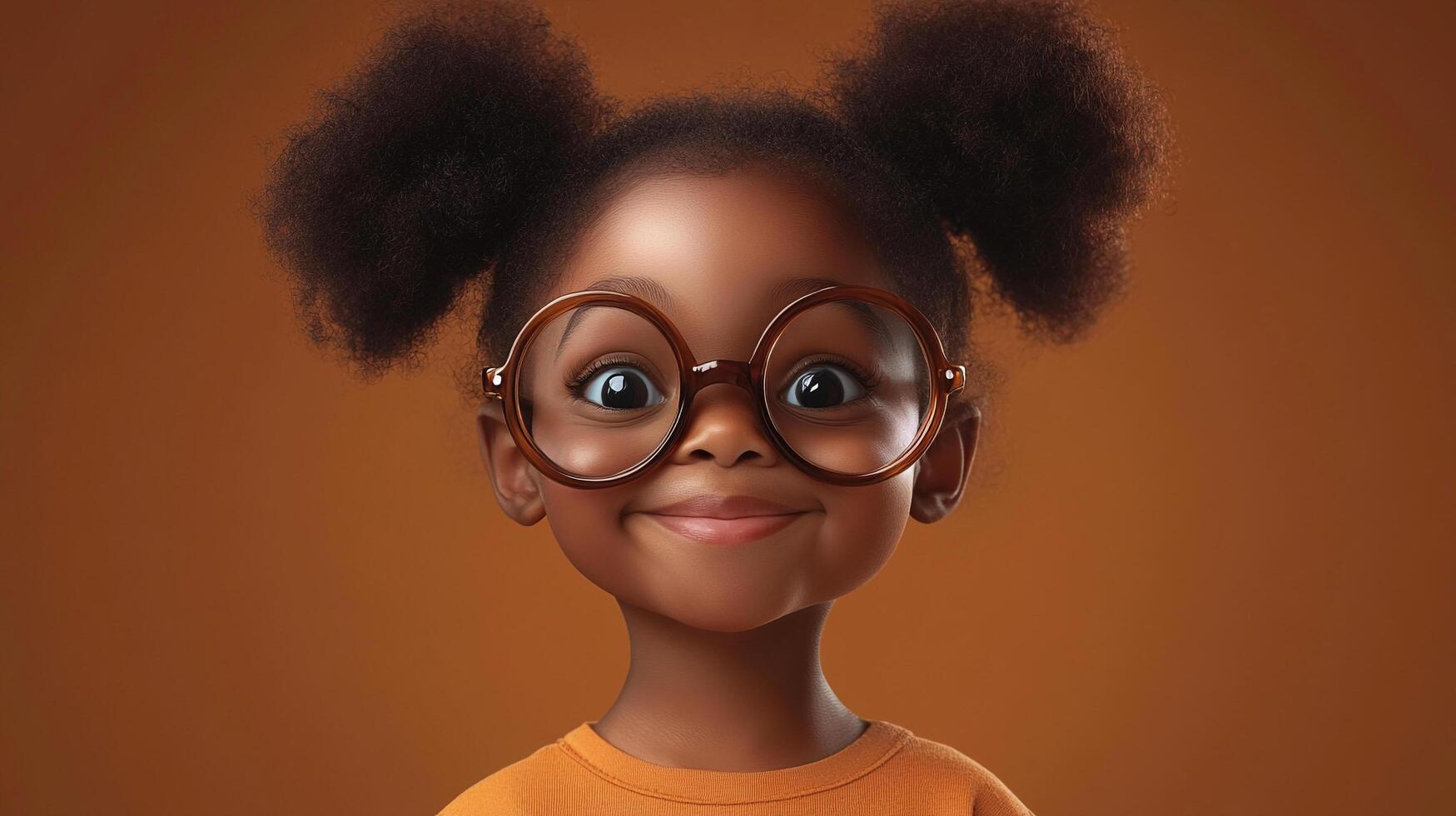Portrait of a cute girl with round glasses and a playful smile, radiating charm and intelligence on a solid background. photo