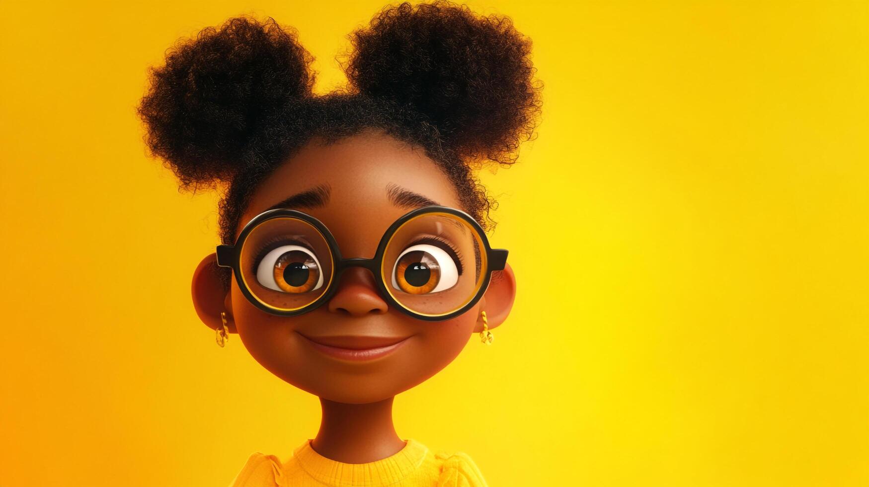 Animated girl with bright brown eyes and glasses smiling in front of a solid yellow background. She has a yellow sweater. photo