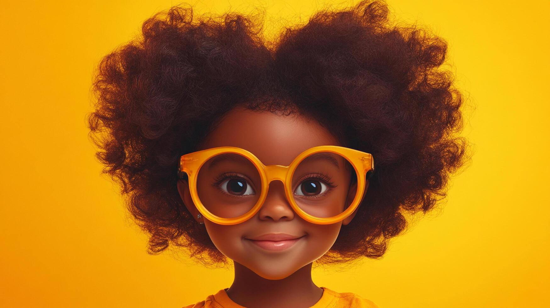 Stylized portrait of a child with bright yellow glasses, expressive eyes, and large afro hair. Cheerful and imaginative design. photo