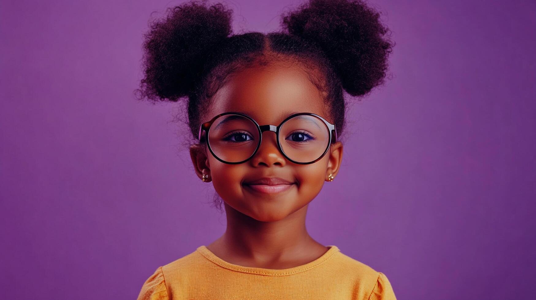 A delightful young girl with an engaging smile, wearing round glasses, her afro puffs styled perfectly on a vibrant purple backdrop. photo