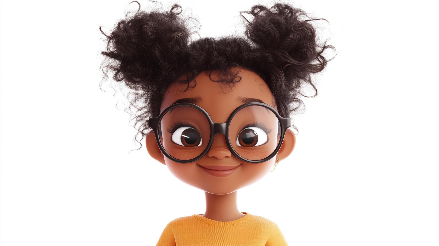 Stylized animated character with cute curly hair, big round eyeglasses, and a cheerful expression on a clean white background. photo
