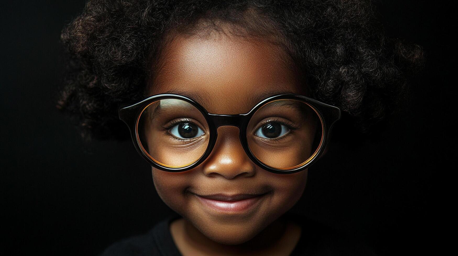Young girl with bright eyes smiles behind oversized, round glasses against a dark backdrop. Sweet, innocent, adorable. photo