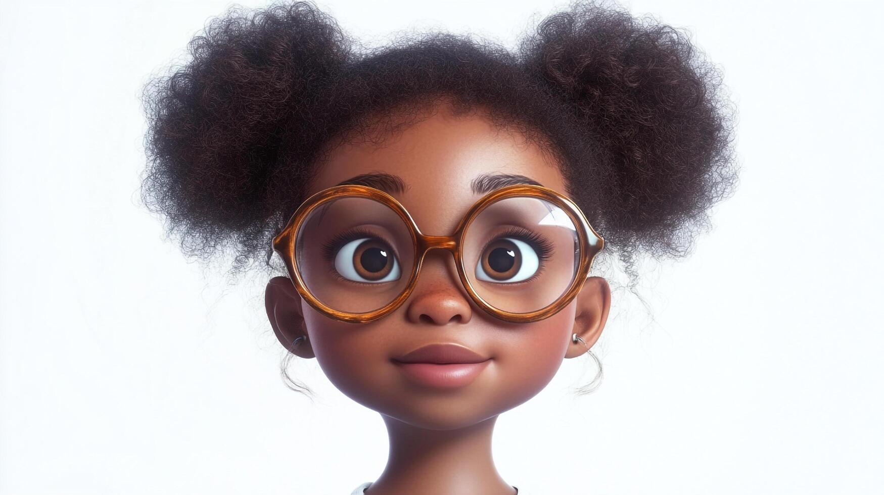 Animated young girl wearing eyeglasses. Big eyes and fluffy pigtails. She is a cartoon with simple background. Head shot photo