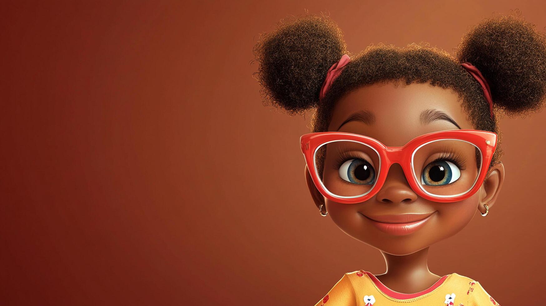 Cartoon girl with glasses and pigtails, smiling in front of a brown background. Her smile is bright and her eyes are big. photo