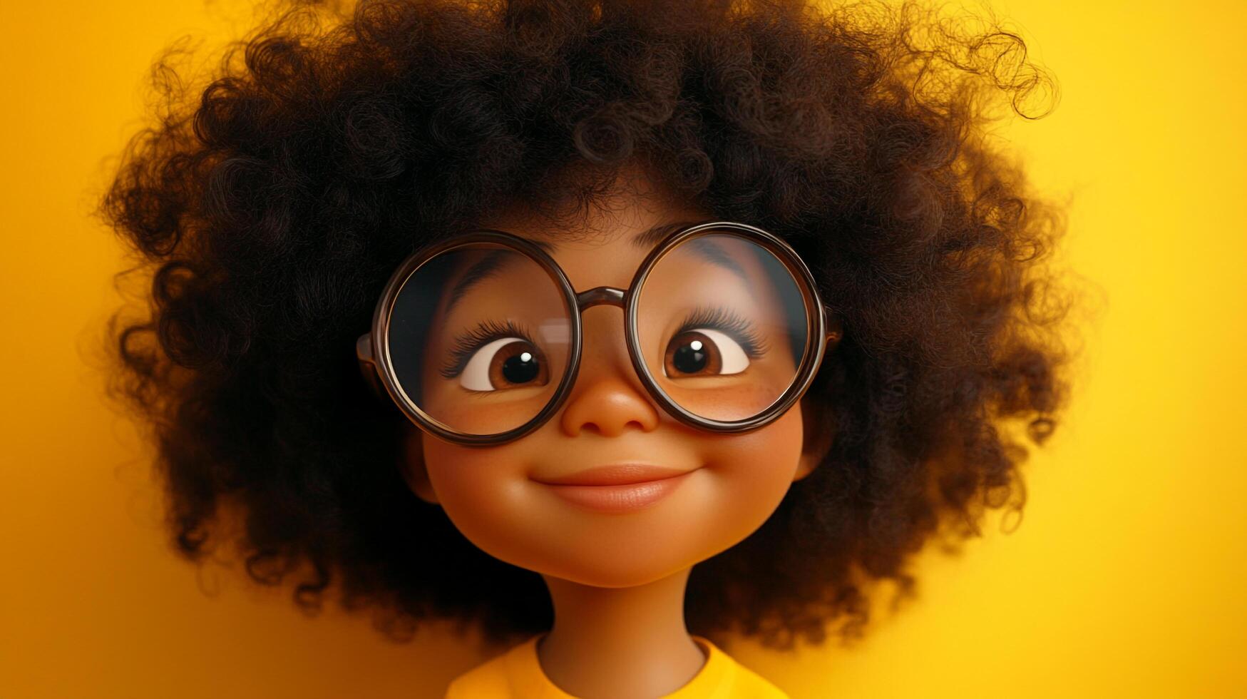 Adorable girl with afro hair, round glasses, and a bright yellow background, radiating charm and innocence. She has a beautiful smile. photo