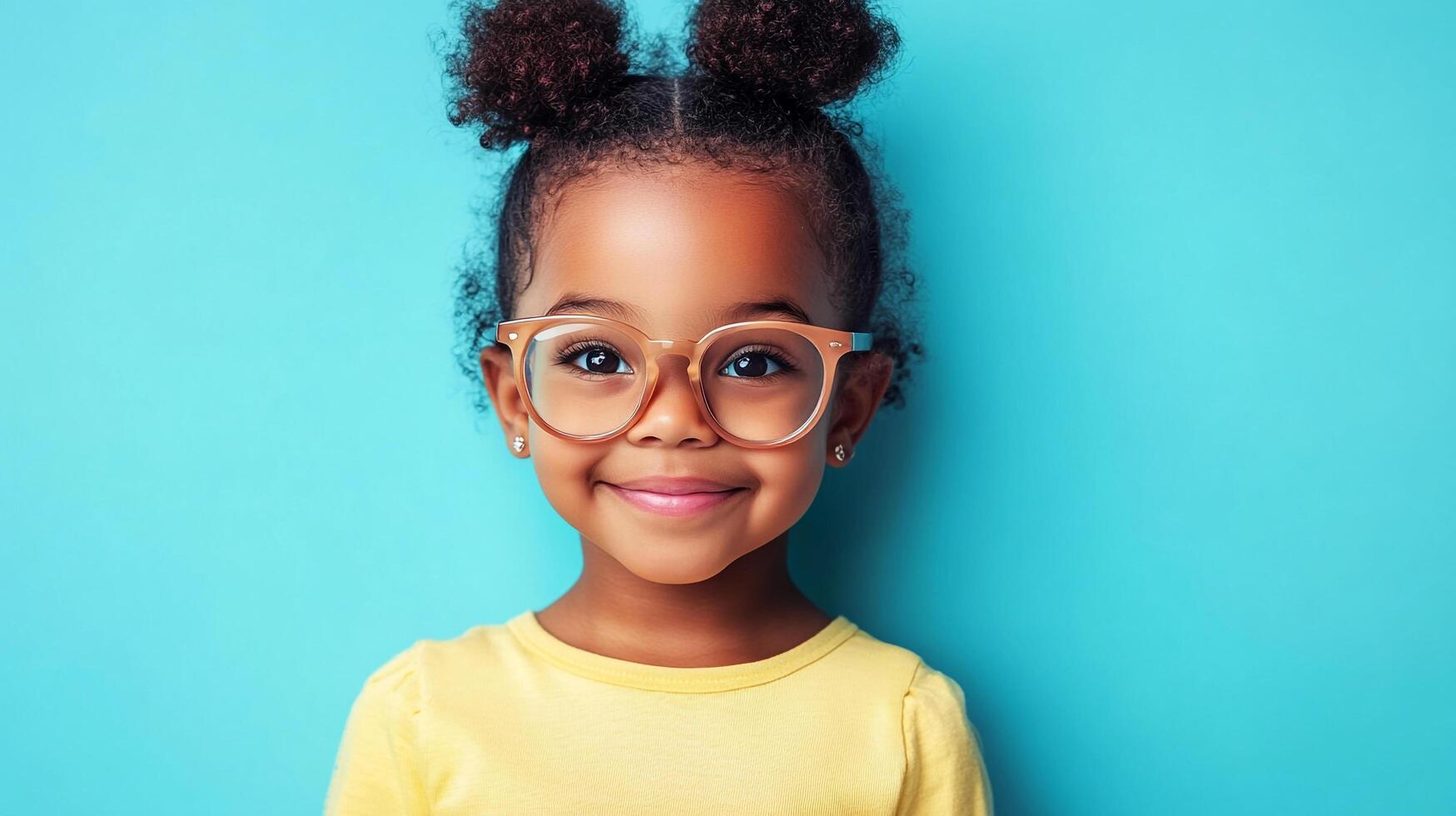 Adorable child with round spectacles against a bright turquoise background. She smiles sweetly with her curly hair styled in little buns. photo