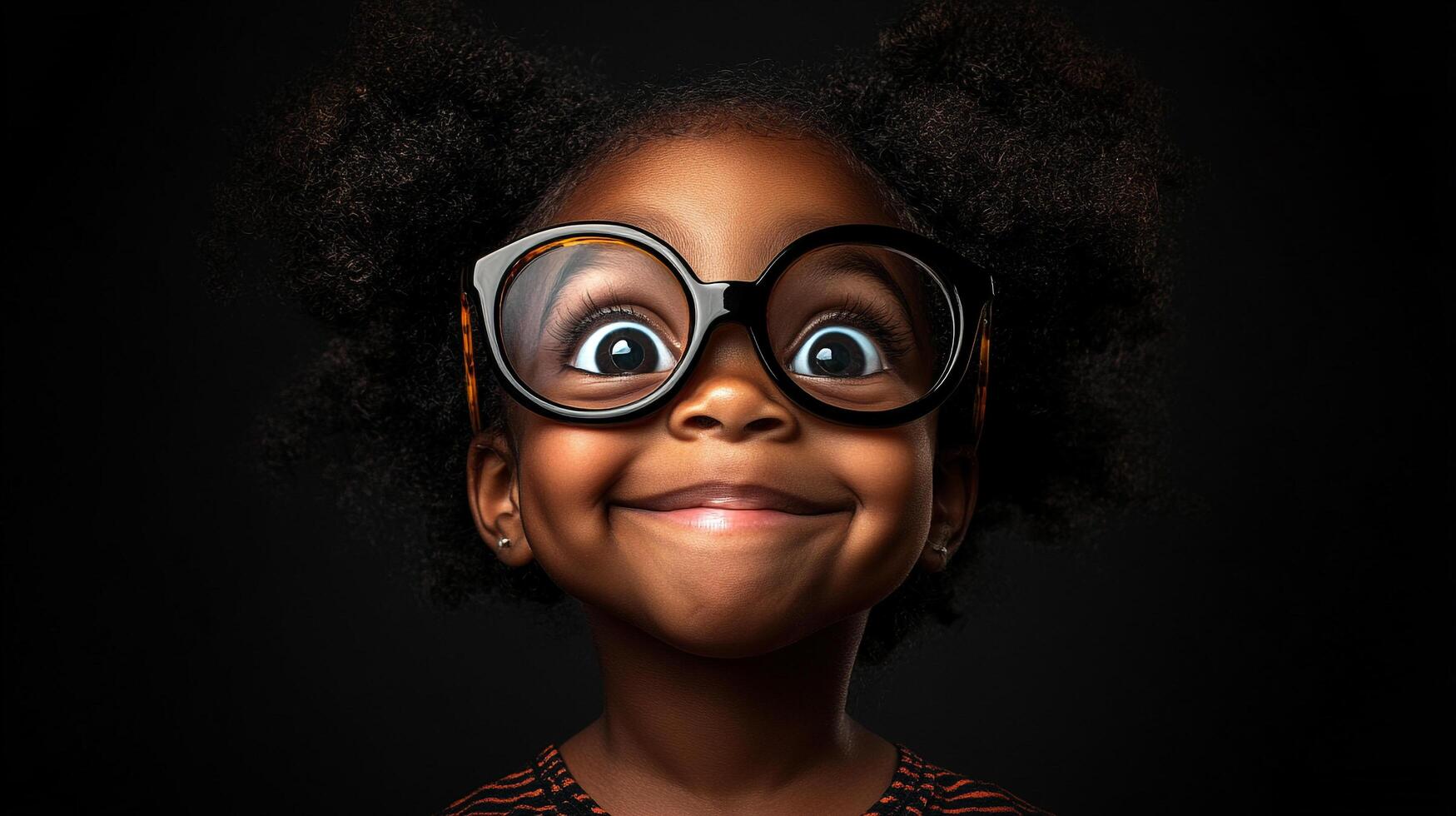 Happy girl with oversized glasses smiling directly at the camera with a dark background. The girl has a bubbly, happy expression. photo
