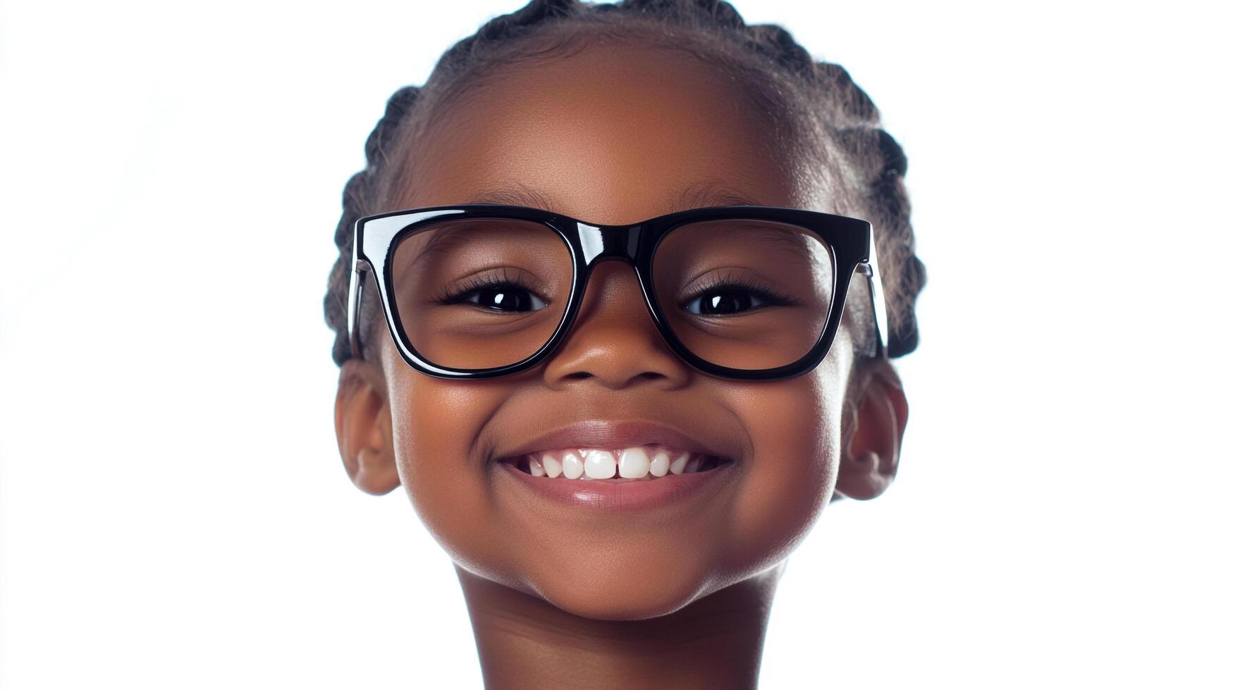 Close-up of a smiling girl with braids wearing glasses, showcasing a bright, cheerful expression on a crisp white background. photo