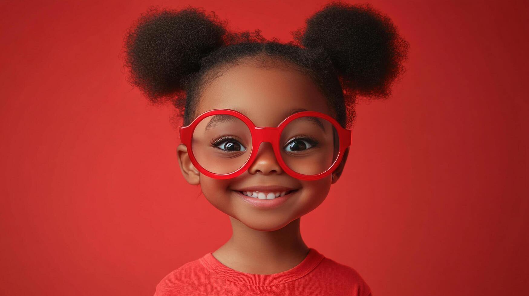 A charming, young girl with red glasses and hair buns smiles brightly against a vibrant red backdrop. Her joyful expression is infectious. photo