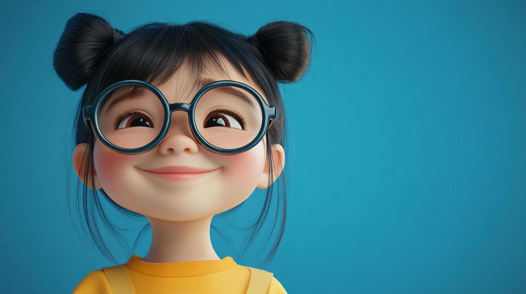 Adorable cartoon girl with round glasses, her dark hair styled in cute buns against a bright blue background. She's a vision of innocence. photo