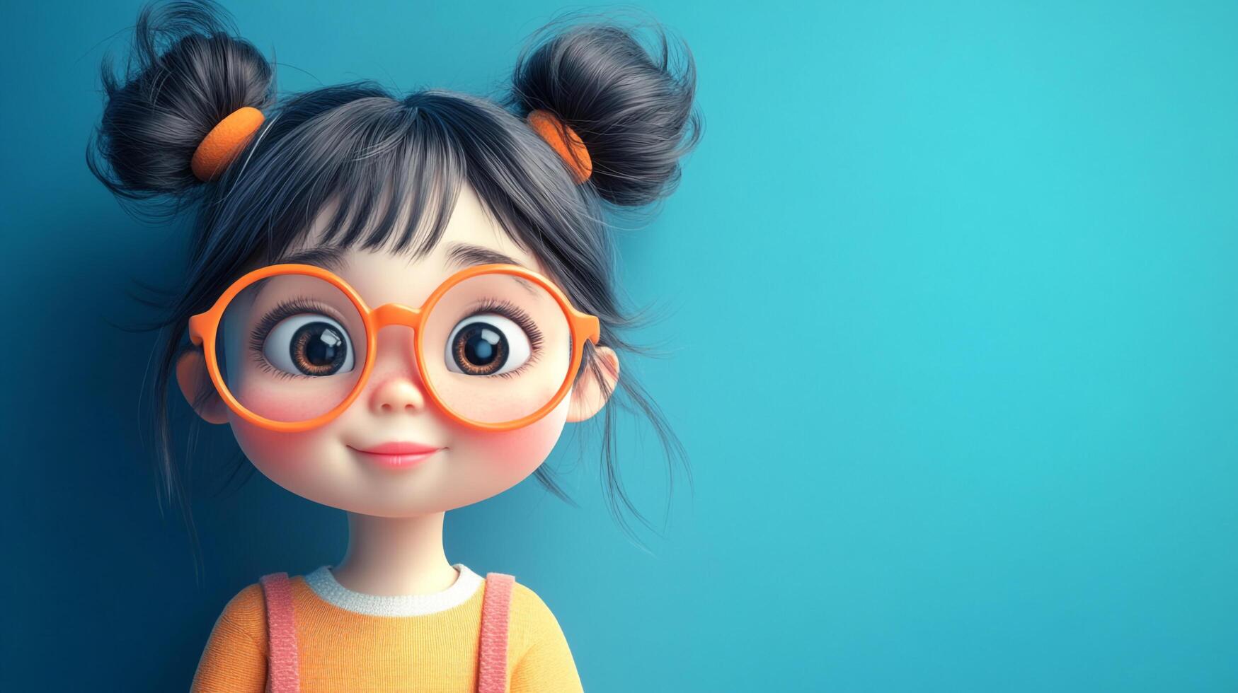 Whimsical cartoon character of a young girl with space buns, wearing orange glasses, against a vibrant blue backdrop. Cheerful and charming. photo