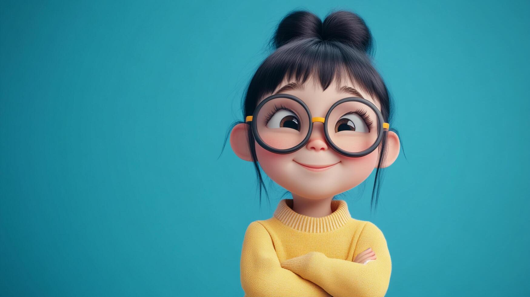 Confident girl with glasses and crossed arms against a blue background. Whimsical, charming, and full of positive vibes. Cartoon style. photo