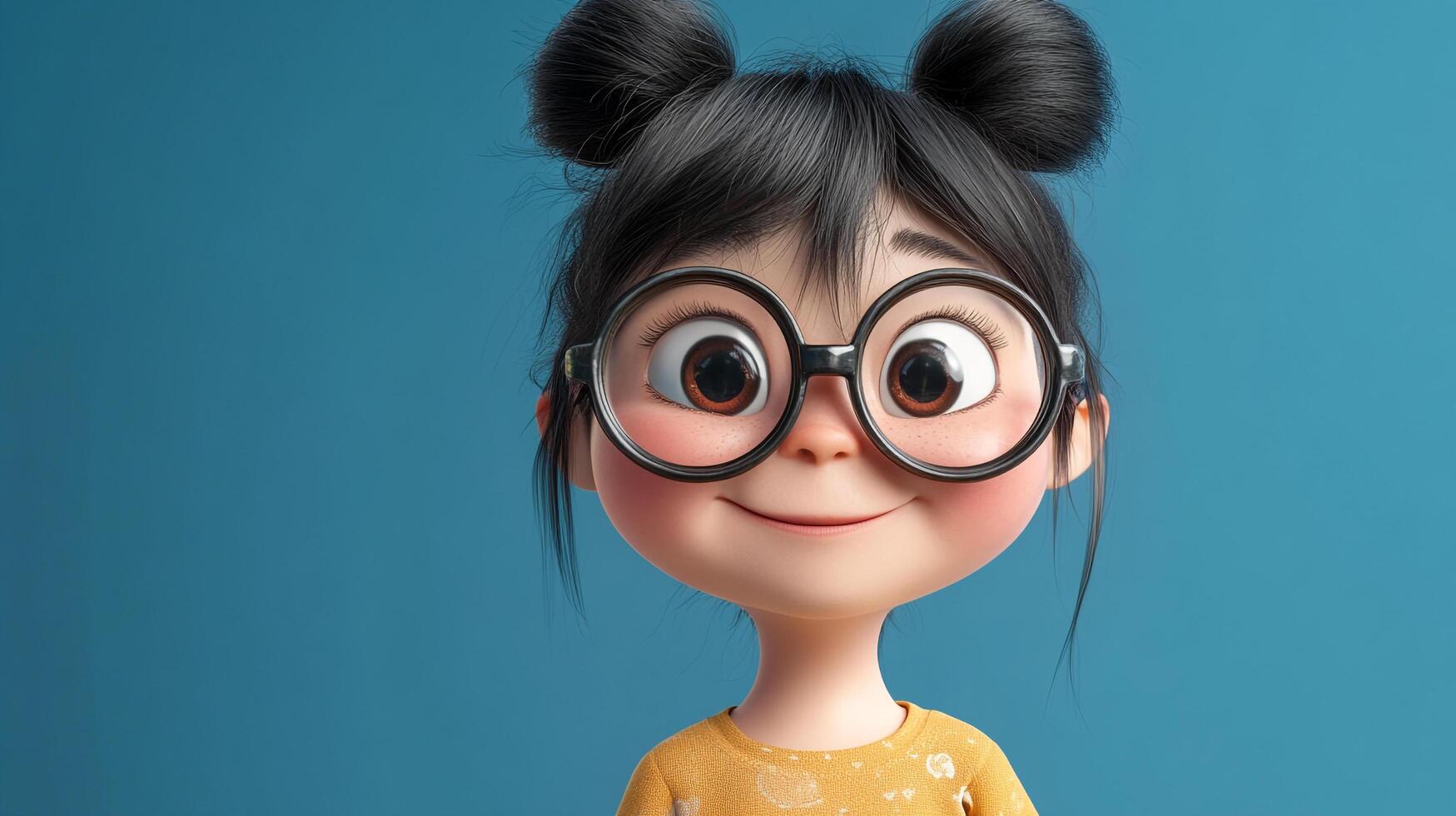 Animated character with black hair in space buns and round glasses against a blue background, exudes a youthful and charming vibe. photo