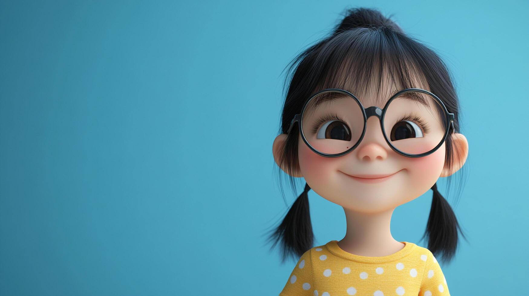 Charming cartoon girl with glasses and a yellow polka dot shirt smiles against a blue background, radiating warmth and innocent joy. photo