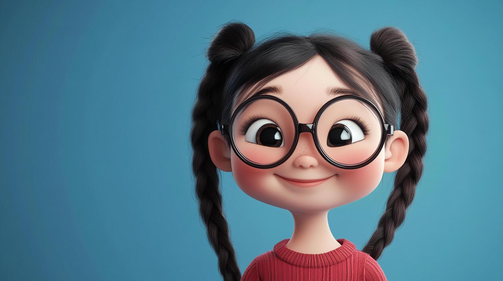 Charming cartoon girl with braided pigtails and large glasses smiles against a soft blue background. Cute and endearing animation style. photo