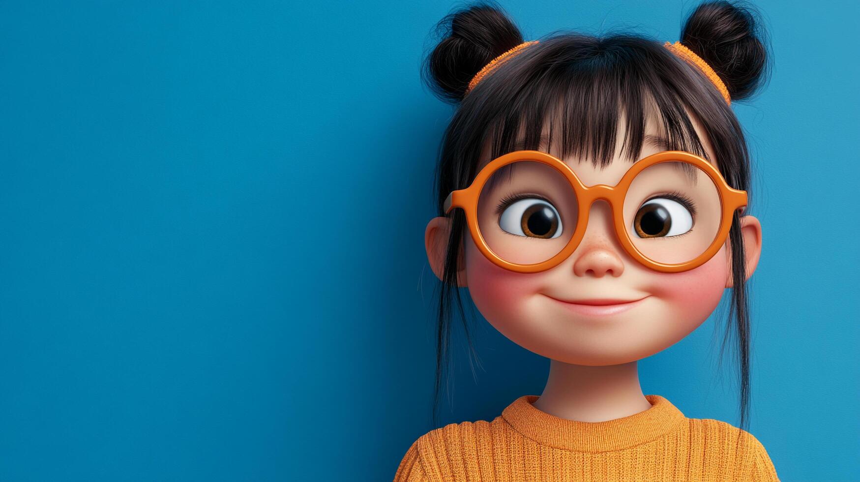 Cartoon girl with glasses and buns smiles in front of a teal background, wearing a yellow sweater. photo