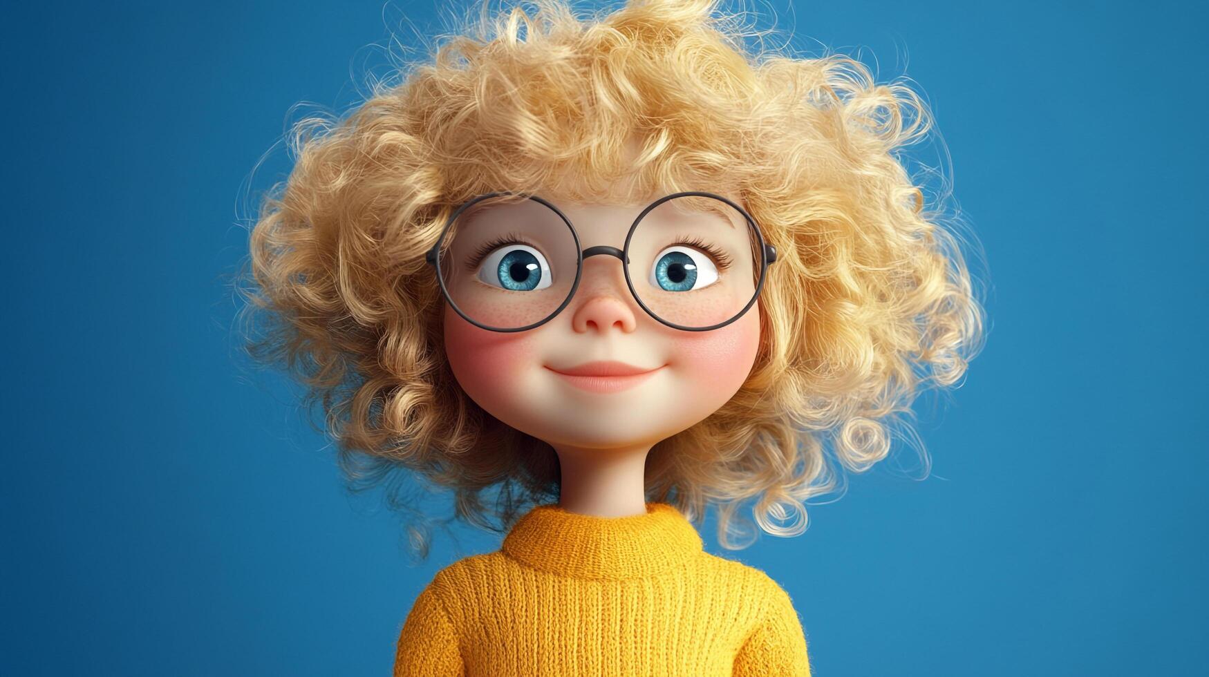 Animated girl with blonde curls, glasses, and a yellow sweater, set against a solid blue background. Charming and digitally rendered. photo