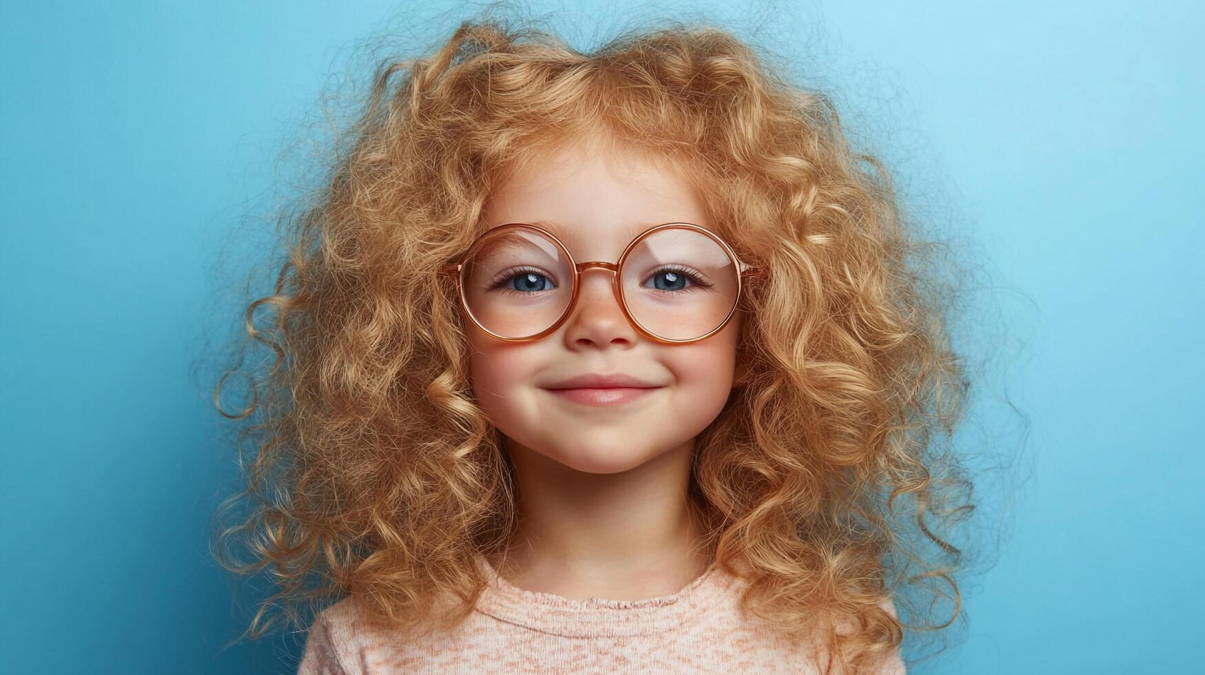 A cute girl with round glasses and curly hair, smiling softly against a solid blue background, showcasing her cheerful expression. photo