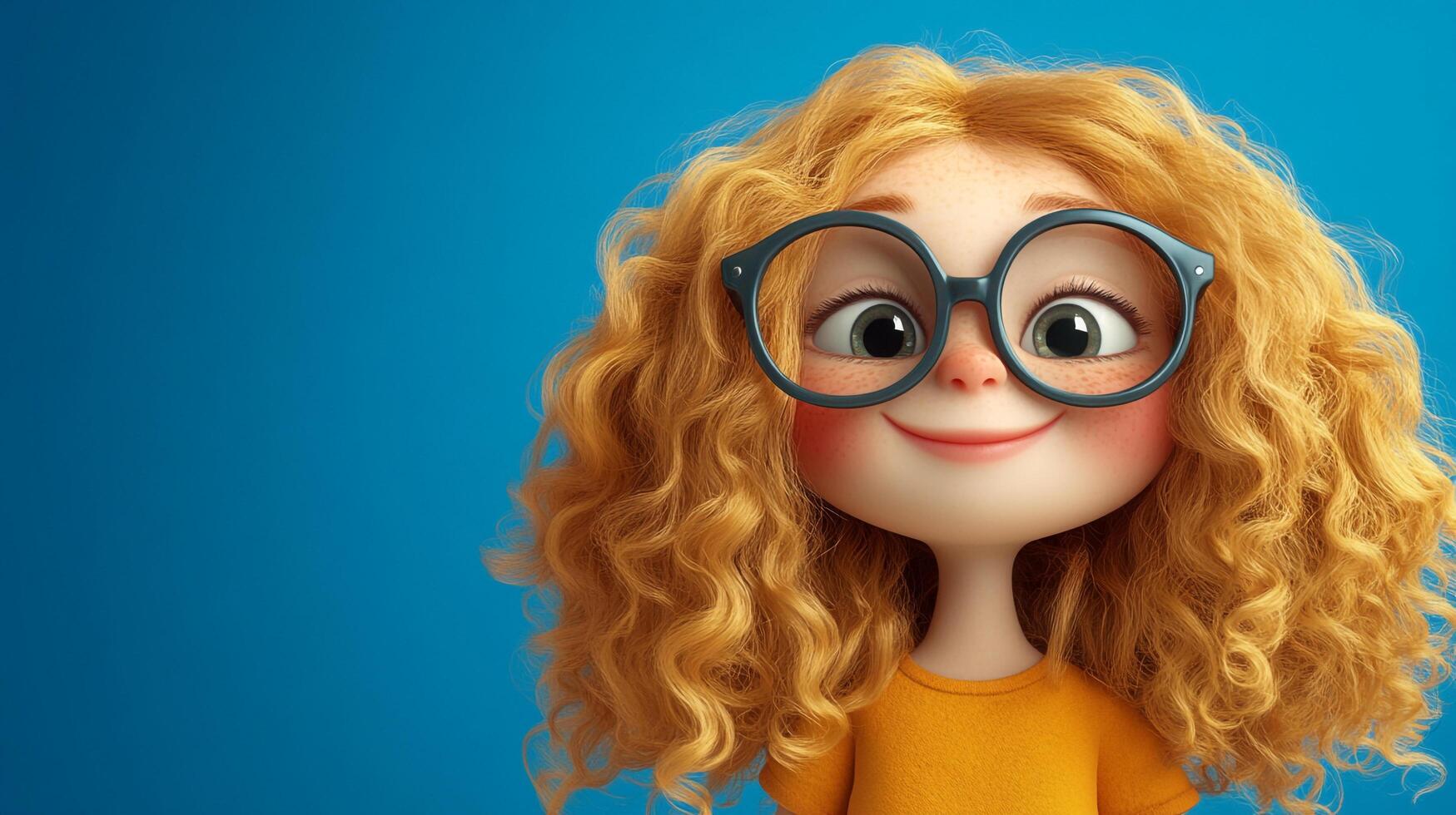 A charming cartoon girl with curly red hair, wearing round glasses, set against a bright blue background. Radiating happiness. photo