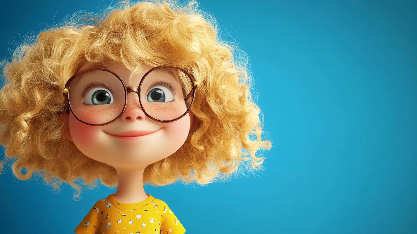 Cartoon girl with curly blonde hair, wearing glasses and a polka dot shirt, set against a solid blue background. photo