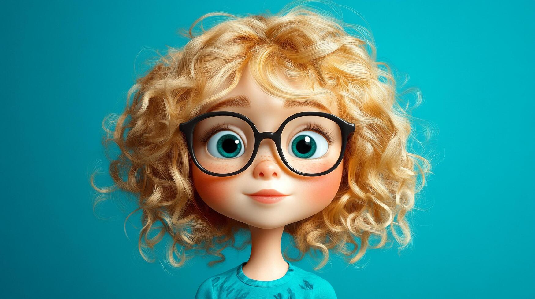 Cartoon girl with blonde, curly hair. She wears black glasses and has freckles. A cheerful and friendly portrait against a solid background. photo