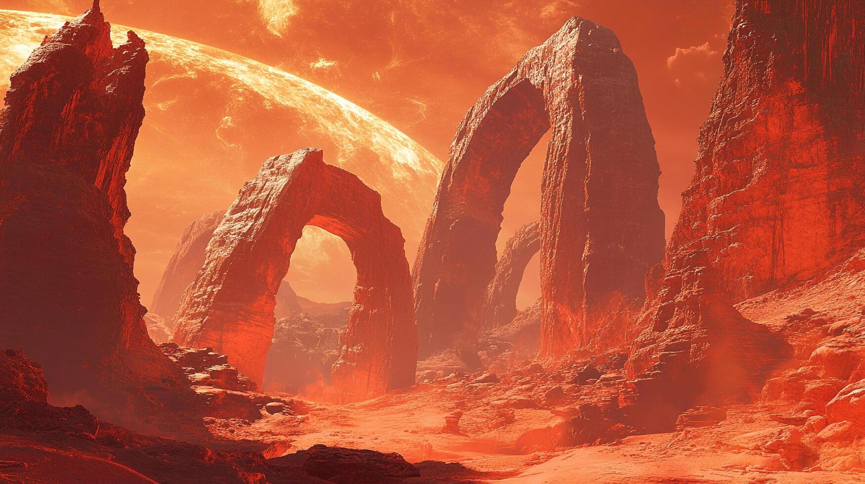 Mars-like desert landscape with arch formations silhouetted against a distant planet and swirling orange sky evokes otherworldly grandeur. photo