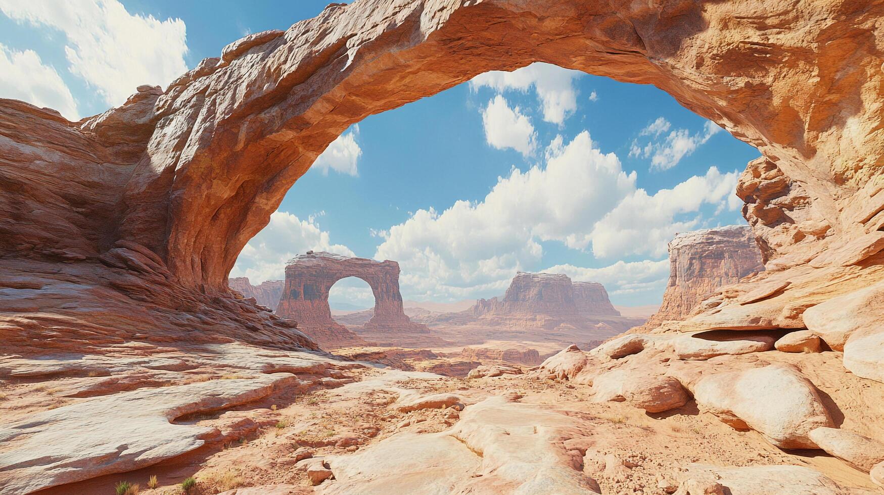 Majestic natural arch frames a desert landscape with a distant rock formation, showcasing nature's beauty under a bright blue sky. photo