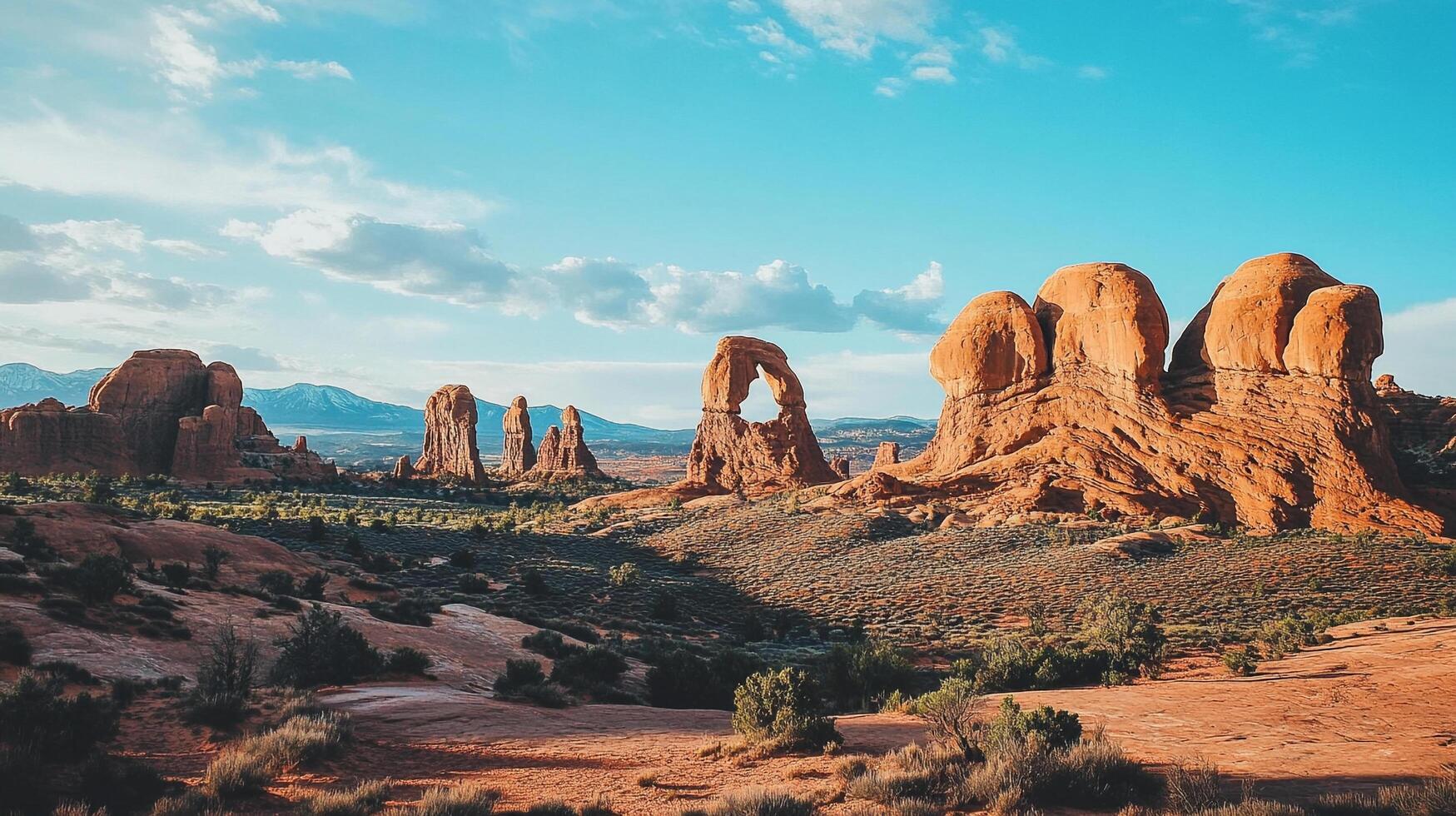 Majestic desert landscape featuring red rock formations under a vast blue sky with scattered clouds. A scenic and arid environment. photo