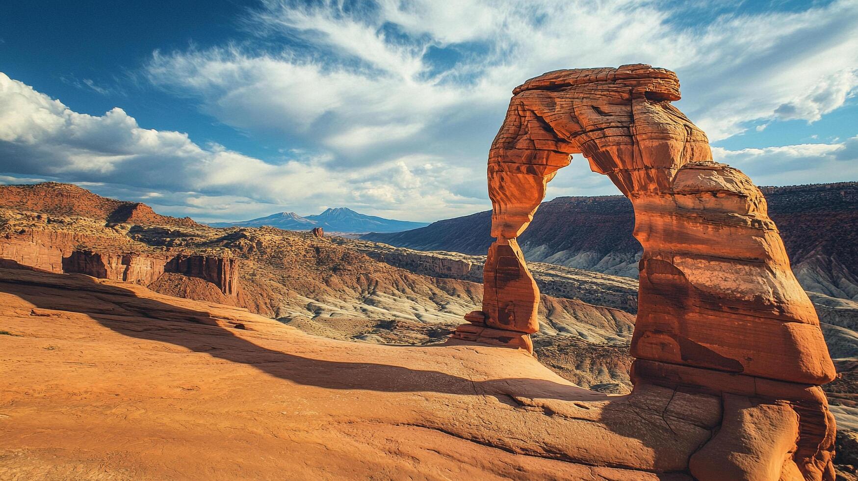 Majestic stone arch in arid landscape under a blue sky. Dramatic sky and lighting. A natural wonder. Desert scenic view. Untouched beauty. photo