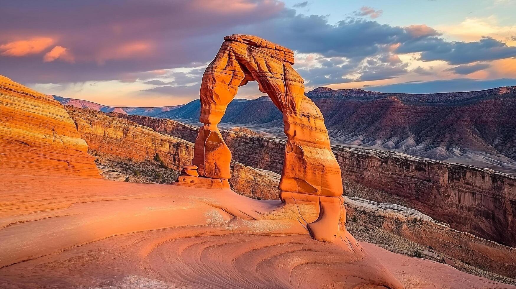 Magnificent sandstone arch standing tall against a vibrant sunset. A timeless landmark in a serene desert landscape. photo