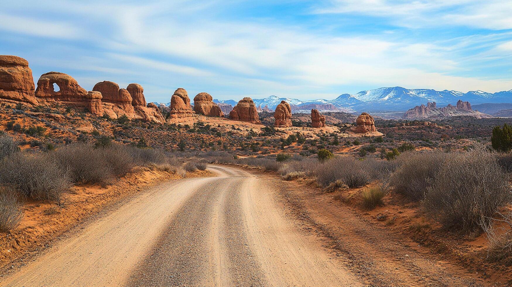 Scenic desert landscape with a dirt road winding through red rock formations against a backdrop of distant snow-capped mountains. photo