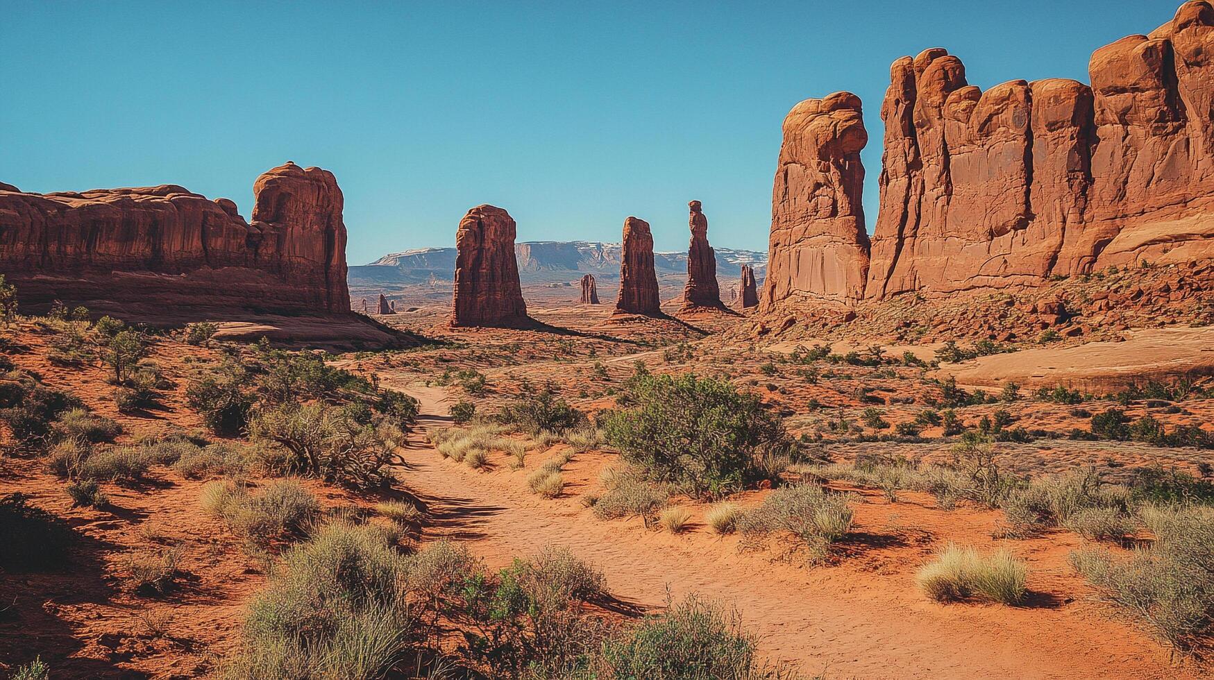 Desert landscape with sandstone buttes rising from the arid ground and scattered vegetation under a clear blue sky. photo